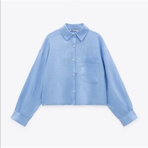 Zara Blue Linen Pocket Cropped Long Sleeve Shirt